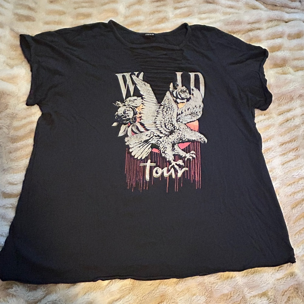 Torrid Wild Tour Graphic Tee – Black Distressed Cutout Top - Size 4